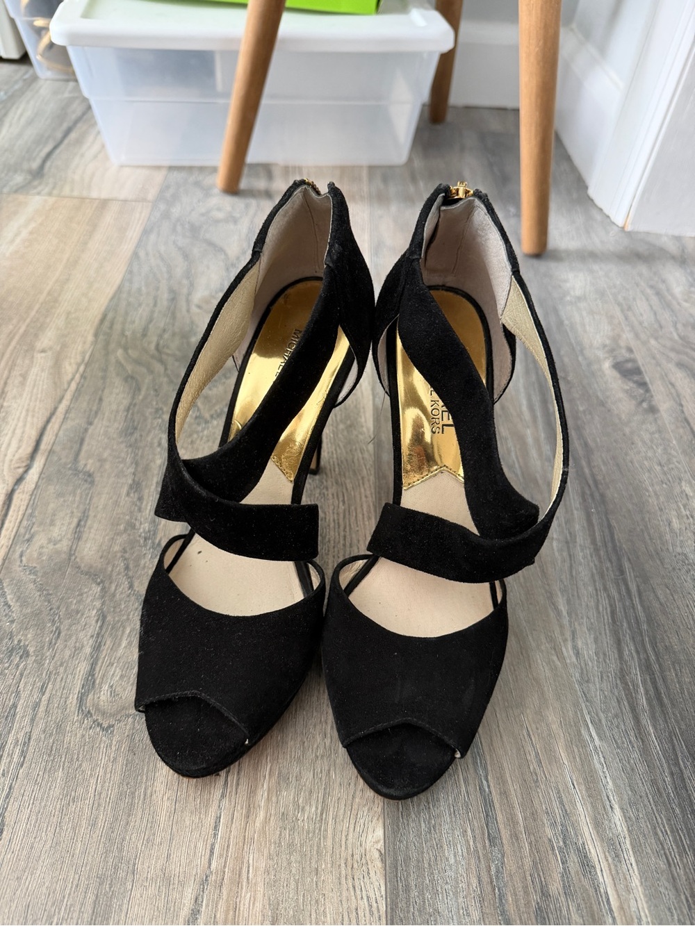 Michael Kors Black Suede Strappy Peep-Toe Heels with Gold Insole